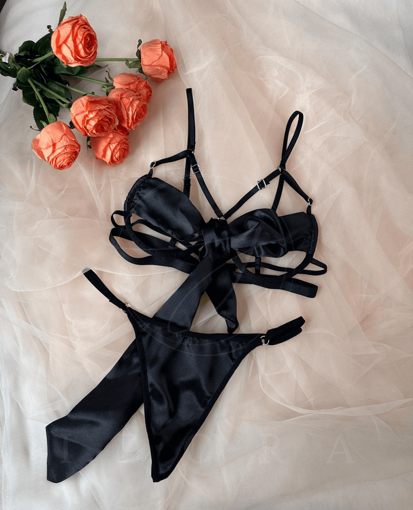 Luxurious satin bow bra set with matching thong, elegant and modern style, perfect for all-season comfort and chic homewear.